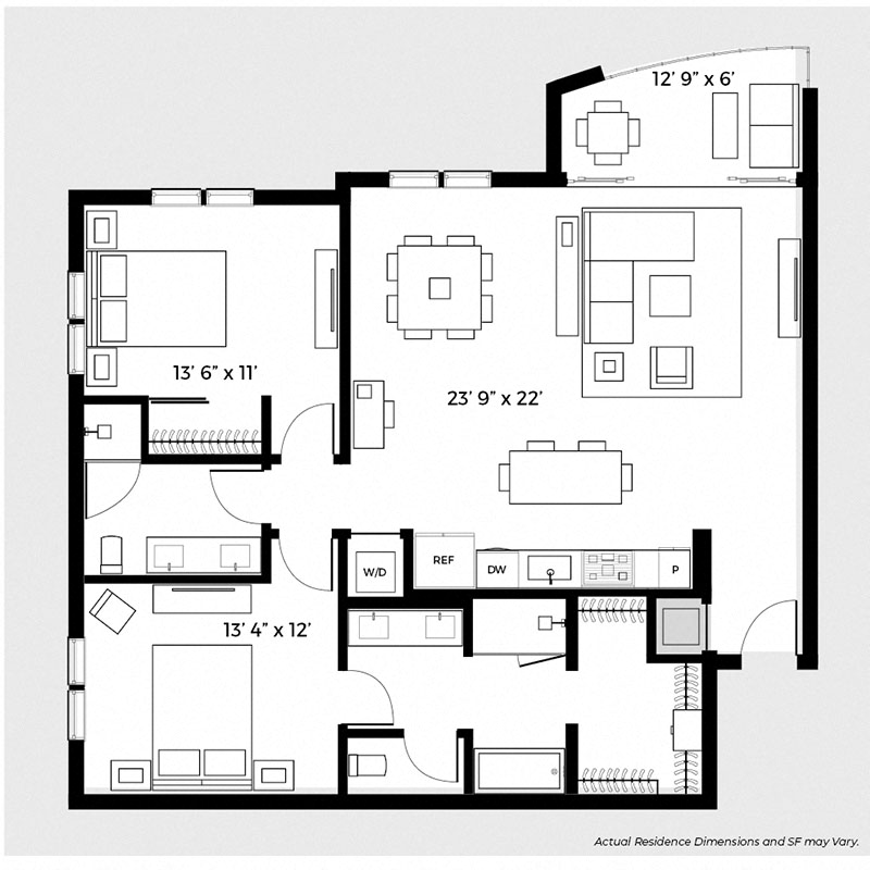 Floor plan for 2 beds, 2 baths, 1205 sqft